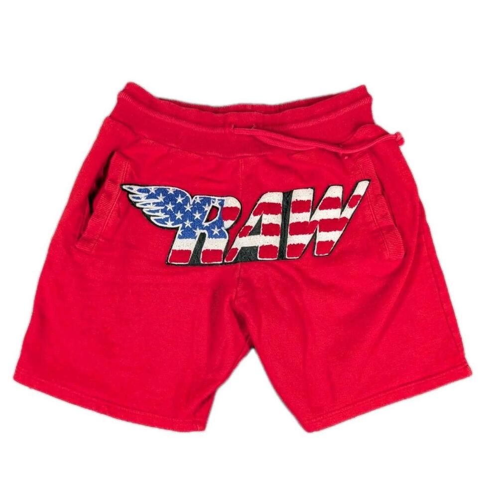 Raw Mens XS Red Chenille Graphic Sweat Shorts USA Flag Logo Streetwear Pockets